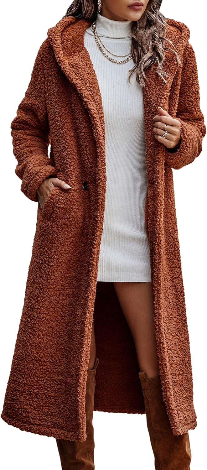 Angashion Womens Fuzzy Fleece Lapel Open Front Long Cardigan Coat Faux Fur Warm Winter Outwear Jackets