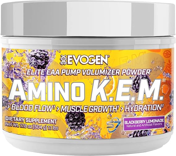 Evogen Amino K.E.M. EAA & BCAA | BlackBerry Lemonade | 30 Servings | S7 nitric oxide blend with betaine anhydrous, coconut water and leucine for blood flow, muscle growth, hydration and recovery