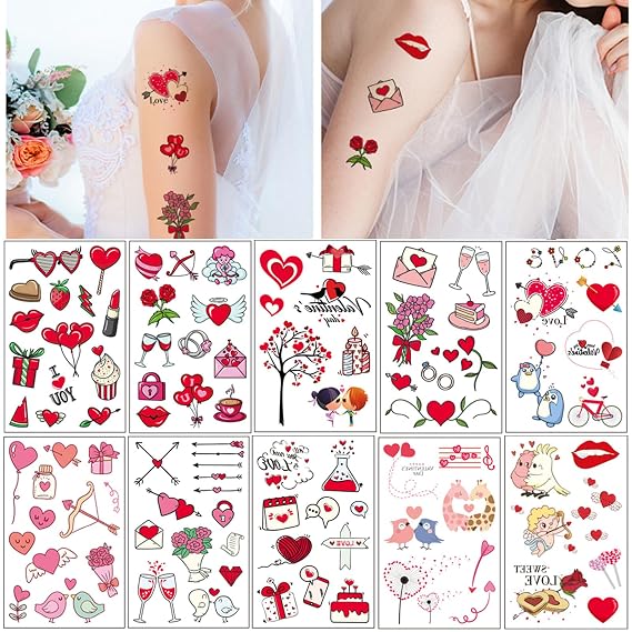 Temporary Tattoos for Women Wife, 105PCS Wedding Love Confession Couple Bridesmaid Romantic Party Body Stickers, Valentine's Day Fake Tattoos, Heart Flower Angel Decorations Gifts