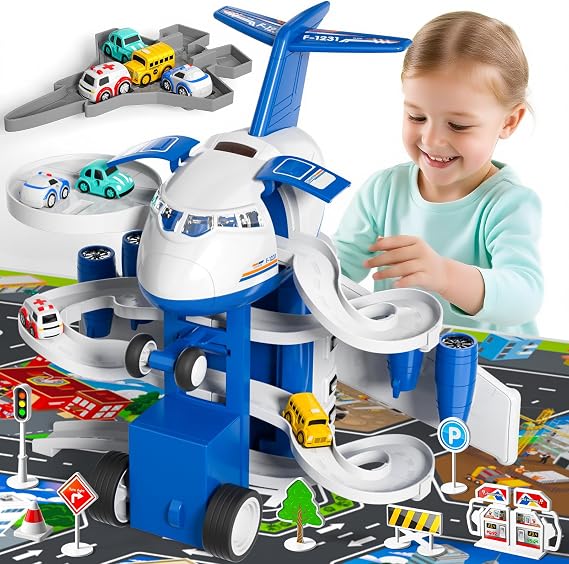 Airplane Toy, Kids Race Track Car with Unique Spray Effect, Lights & Music, Friction Powered Wheel - Fun Educational Play Set for Boys and Girls Ages 3 4 5 6 Years Old (Blue)
