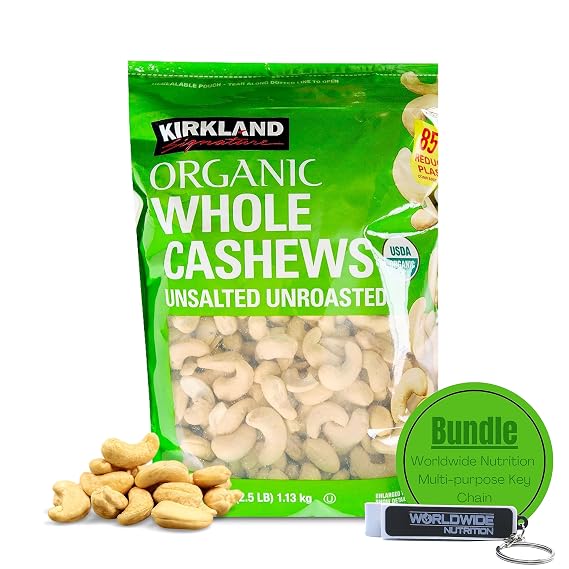 Worldwide Nutrition Bundle: Kirkland Signature Organic Whole Cashews Unsalted Unroasted - Perfect for Snacking, Cooking, and Gifting - 40 Ounce Cashew Nuts Pack and Multi-Purpose Key Chain