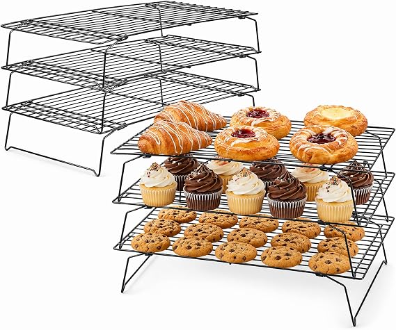 Kingrol 6-Piece Stackable Cooling Racks for Baking, Two 3-Tier Sets | Nonstick-Coated Steel, Foldable Legs, Stacked or Separate Use, Ideal for Cookies, Cupcakes, Pastries, Pies, and Cake Layers