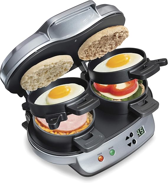 Hamilton Beach Dual Breakfast Sandwich Maker with Egg Cooker Rings & Timer | Perfect for English Muffins, Croissants, Mini Waffles | Customizable & Fast |PFAS-Free | Silver | 25490MNA
