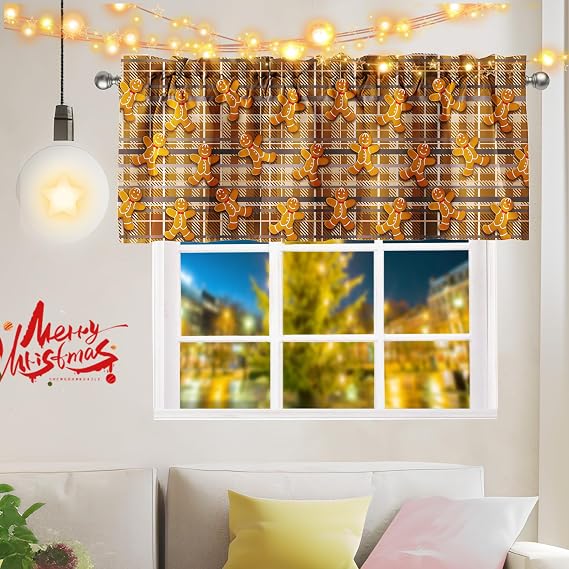Christmas Window Valance Curtains Brown Buffalo Check and Gingerbread Man Holiday Kitchen Home Decor Seasonal Festive 51x18 Inches