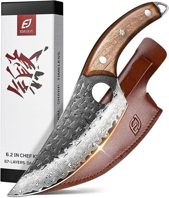 Emojoy Damascus Chef Knife, 6.3" Japanese 67-Layer Steel, Walnut Handle | Includes leather sheath and gift box, designed for kitchen use, BBQ, camping, and outdoor cooking.