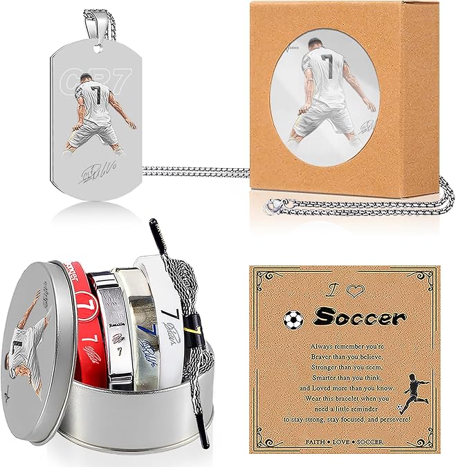 6Pcs C.R No.7 Soccer Sports Bracelets and Signature Necklaces Set