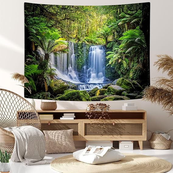 JAWO Rainforest Tapestry Wall Hanging, Green Tropical Plants and Waterfall Tapestries, Polyester Fabric Large Wall Tapestry for Home Living Room Bedroom Dorm Decor 60X40Inches