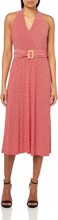 HALSTON Women's Sleeveless V-Neck Belted Mini Dress
