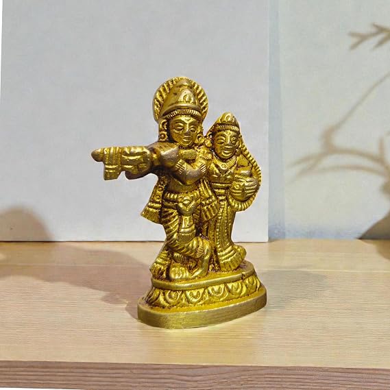 Brass Collectible Radha Krishna Krishna Thakur Ji Murti Idol Statue Sculpture Krishna Idols Gold Plated Flute Playing Decorative Showpiece (2.25" Inch Radha Krishna Statue)