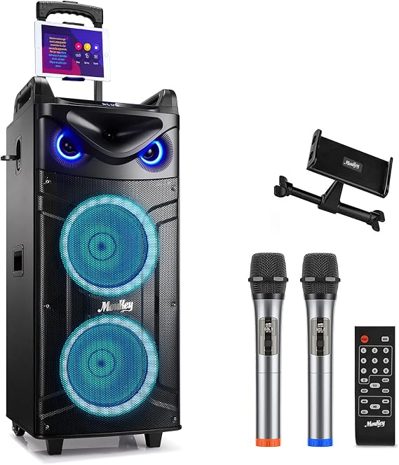 Moukey Karaoke Machine, Double Woofer PA System with 2 Wireless Microphones, Disco Lights and Echo/Treble/Bass Adjustment, Portable Bluetooth Speaker for Party, Support TWS/REC/AUX/MP3/USB/TF/FM