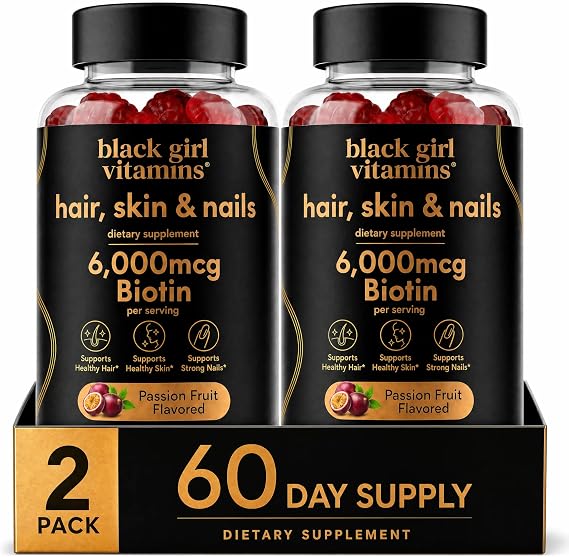 Black Girl Vitamins - Hair, Skin, and Nails Gummies with Biotin (6000 mcg), Zinc, Gelatin Free, Vitamin A, and Vitamin E - Gluten-Free. Made in The USA (Passion Fruit, 120 Count) 60 Day Supply