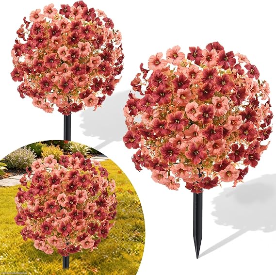 2 Pack Artificial Mums for Outdoors Topiary Ball Flowers with Ground Spikes