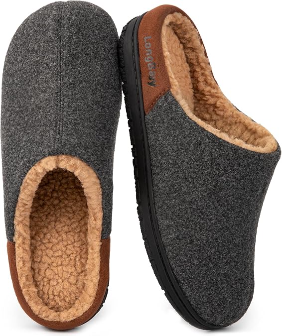LongBay Men's Fuzzy Sherpa Lined Slippers Warm Memory Foam Non-slip Slippers Slip-on House Shoes for Indoor Outdoor