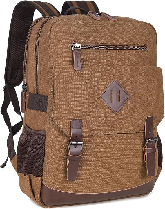 CROCOD Canvas Laptop Backpack 15.6 Inch, Vintage Travel Rucksack for Men Women,Computer Bag for Work Business College (Coffee-Upgrade)