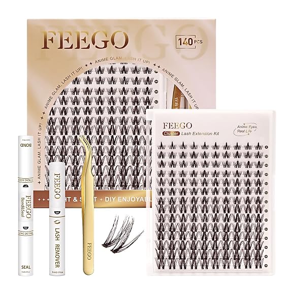 FEEGO Natural Lash Extension Kit 168Pcs Lash Clusters Kit Wispy Eyelash Extensions Individual Lashes Extensions with Bond and Seal Lash Glue and Eyelash Extension Tweezers DIY (MAGIC GIRL KIT - B)