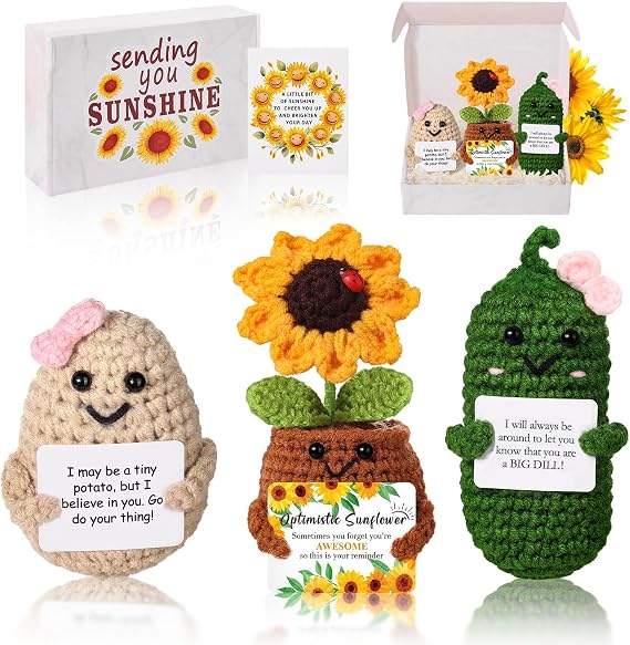Funny Positive Potato - Emotional Support Crochet Figure with Positive Cards,Cute Small Gift for Mom, Friend, Wool Knitted Positive Crochet Sunflower Kit for Gifts Home Decor