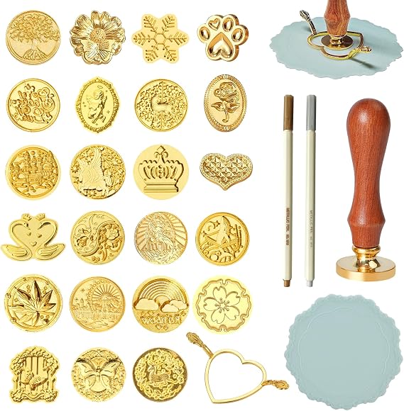 BATHRINS Wax Seal Stamp Kit-23Pcs Sealing Stamp Heads,Wooden Handle,Metal Seal Mold,Silicone Mat,Color Pen for Party Wedding Invitation Cards Envelopes Gift Wrapping Letter
