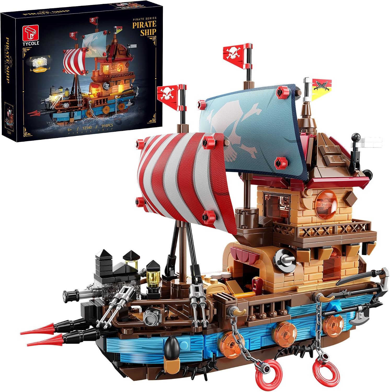TYCOLE Pirate Ship Building Kit (916 Pcs) with LED Lights - Standard Brick - Compatible Creative Pirate Toy Model for Kids, Teens, Adults & Boys Ages 8-12 (Birthday/Christmas/Party)