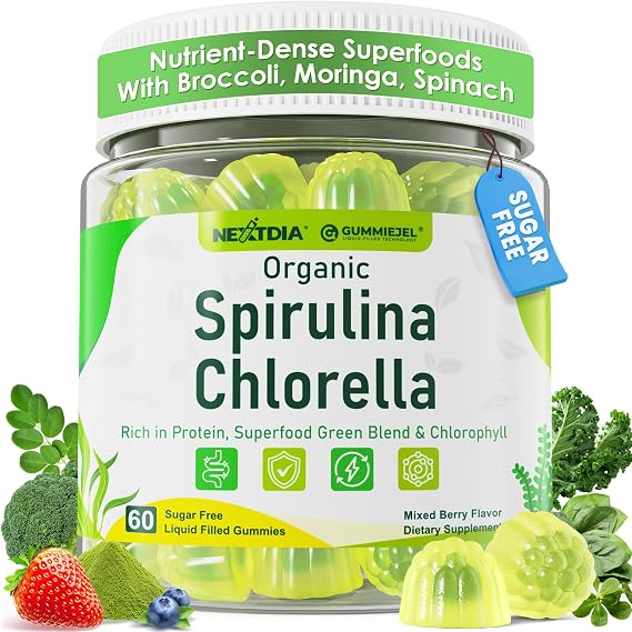 Organic Spirulina Chlorella Gummies + Super Greens, High in Vegan Protein