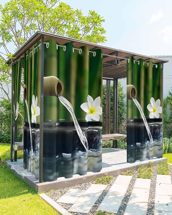 Outdoor Curtains for Patio, Zen Stones Water Flowing Waterproof Blackout Outside Curtain for Porch/Pergola/Gazebo, Floral Green Forest Thermal Insulated Drapes for Cabana, 1 Panel, 54 x 108 Inch