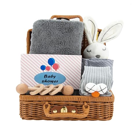 Neugeborenes Baby-Geschenkset 7 in 1 mit Badetuch beruhigendes Handtuch Lätzchen Rassel Socken Grußkarte und Weidenkorb für Jungen und Mädchen Geschenk zur Geburt Babyparty Weihnachten Grau