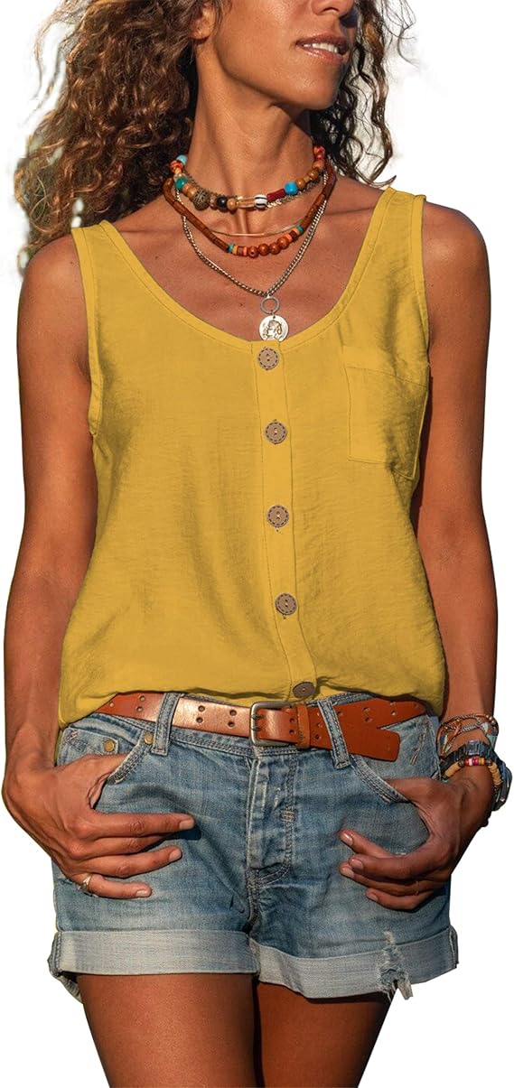 Diosun Women's Button Down Tank Tops Scoop Neck Sleeveless T Shirts Blouses Loose Fit with Pocket