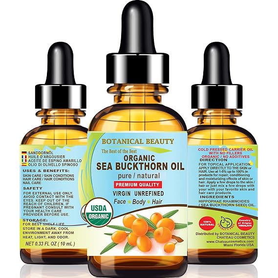 Botanical Beauty Certified Organic SEA BUCKTHORN OIL 100% Pure Natural Virgin Unrefined Cold-Pressed Carrier Oil for Face, Skin, Damaged Hair, Nails, Anti-Aging (0.33 Fl Oz)