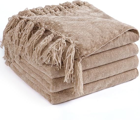Chenille Throw Blanket for Couch 50" x 60", Taupe