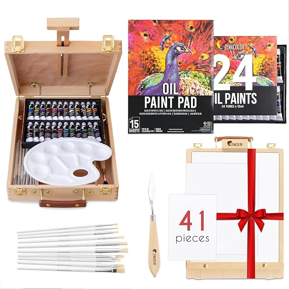Oil Paint Set - Oil Painting Supplies - Includes Tubes of Oil Paint, Paint Brushes, Palette Knife, Canvases for Painting, Paper Pad, Paint Palette & Wood Tray Easel - Art Supplies for Adults and Kids