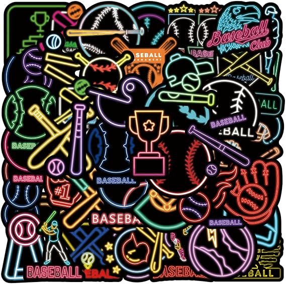 55PCS Neon Baseball Stickers, Waterproof Vinyl Fluorescent Sports-Style Decor Decals for Skateboard, Fridge, Laptop, Phone, Luggage (1.64-2.28 Inches)(Baseball-55)