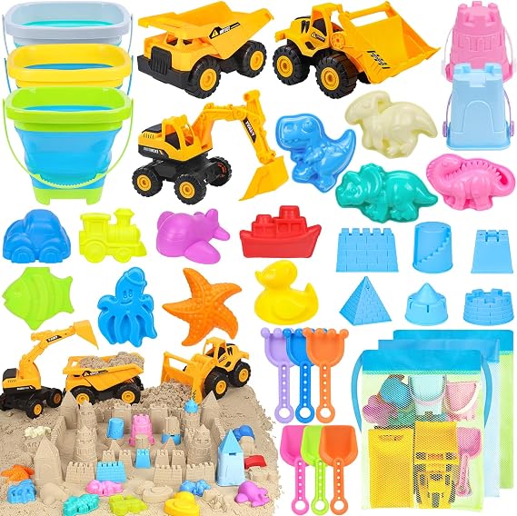 FHOZGECY Beach Toys with 3 Trucks, Collapsible Buckets for Kids Ages 3-12