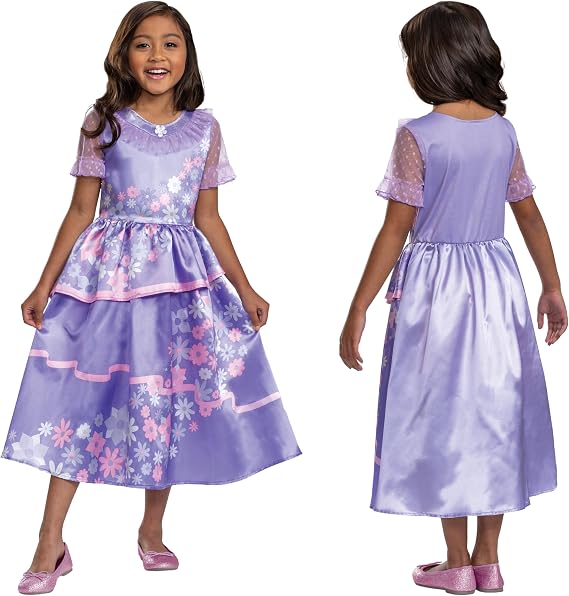 Disguise Disney Encanto Isabela Costume, Official Disney License Encanto Fancy Dress Up for Girls, Features A Purple Floral Dress with Mesh Neckline and sleeves, in size 7-8, 4-6,3-4 years