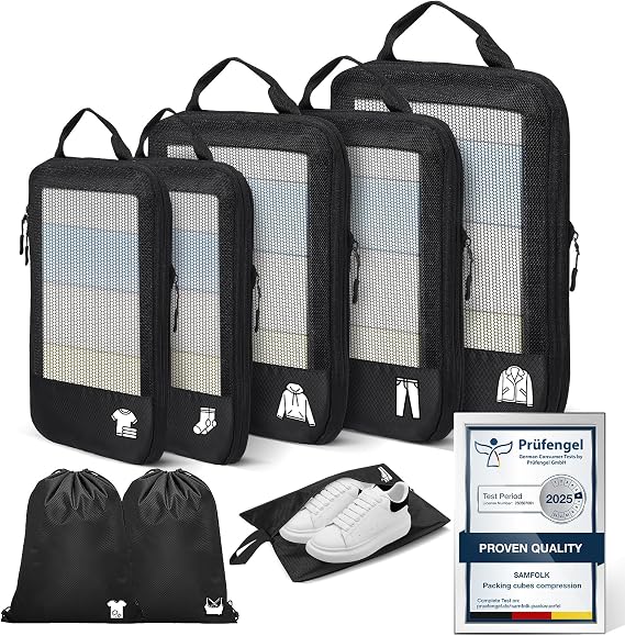 Compression Packing Cubes for Suitcases, Ultralight 8 Set Packing Cubes for Backpack Waterproof Luggage Packing Organizers for Travel Accessories and Essentials-Black