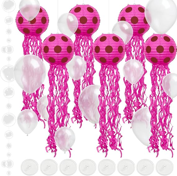 6 Sets Sponge Jellyfish Paper Lanterns Hanging Decor,Ocean Theme Party,Pink | Sponge Party Birthday Decoration 8 Inch Jellyfish Lantern with Clear Ballons for Baby Shower, Mermaid Theme Beach Party