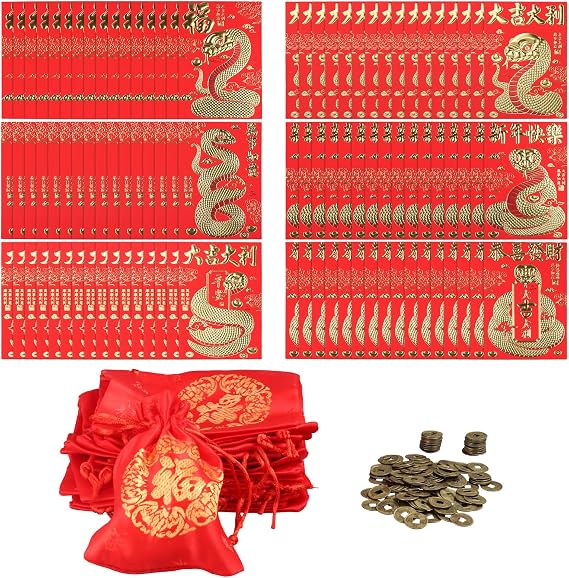 96Pcs Red Envelopes Chinese New Year 128pcs Chinese Fortune Coins 16Pcs Blessing Bags Snake Year Lucky Money Hong Bao Money Red Pocket for of Lunar New Year for Spring Festival Red