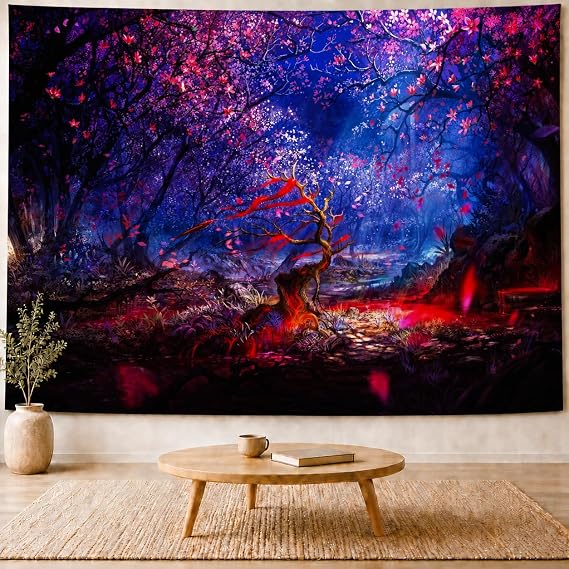 Delur Fantasy Forest Tapestry Enchanted Magical Fairy Tale Tree of Life Wall Hanging Tapestry Mystical Psychedelic Landscape Nature Headboard for Bedroom Living Room Home Decor (51.2" x 59.1")