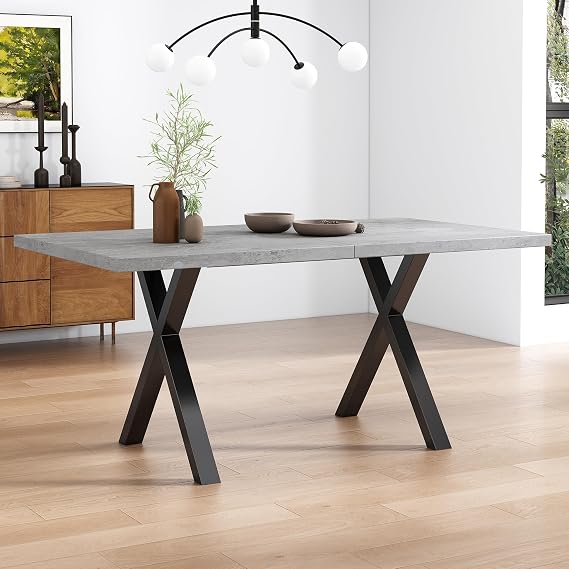 Merax Dining Table with Cross Legs Rectangular Wrought Iron Wrought Iron L140*W80*H76cm Concrete Look + Black