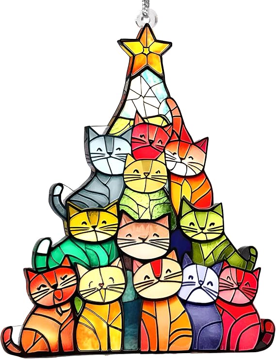 Cat Christmas Ornament 2025, Acrylic Cute Cat Ornaments for Christmas Tree, Cats Suncatcher, Cats Lovers Gifts for Women, Unique Ornaments for Pet Lovers, Funny Holiday Decor (Rainbow)