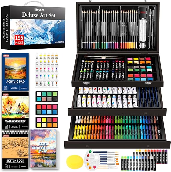 iBayam Art Set,195-Pack Arts and Crafts for Kids Ages 8-12, Deluxe Gift Box | Painting Kit Art Supplies for Adults Teens Kids, Art Kits with 24 Acrylic Paint, Sketchbook, Canvases, Crayons, Pencils