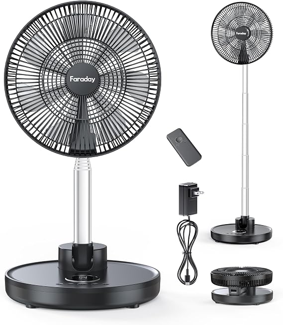 FARADAY Oscillating Standing Fan 12 Foldable Portable Quiet Floor Fan 12000mAh Rechargeable Pedestal Fan with Remote, Timer Setting, Height Adjustable Foldaway Fan for Bedroom Home Office, 6 Speed