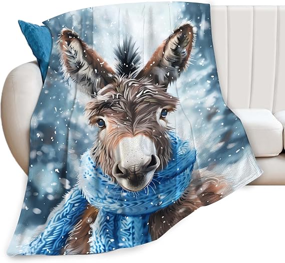 Cute Donkey Blanket Snow Donkey Decor Animals Throw Blanket Gifts for Girls Boys Winter Couch Bedding Warm Soft Plush Lightweight Fleece Flannel Blankets for Kids Adult Men Women 50"X40"
