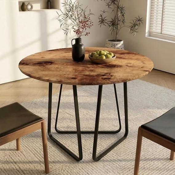Round Dining Table 90cm, Small Kitchen Table Wooden Industrial Style Circle Table with Black Metal Legs, Rustic Brown