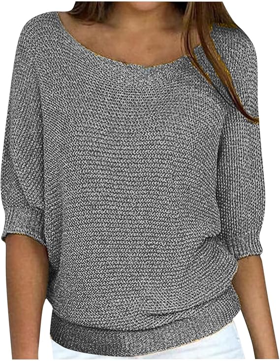Womens Spring Sweater 3/4 Length Sleeve Tops 2025 Trendy Plain Knit Shirt Ladies Plus Size Round Neck Pullover Blouse