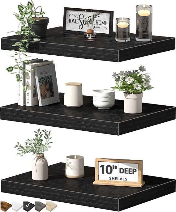 QEEIG 10” Deep Floating Shelves for Wall (Black, Set of 3, 15.7" x 10")