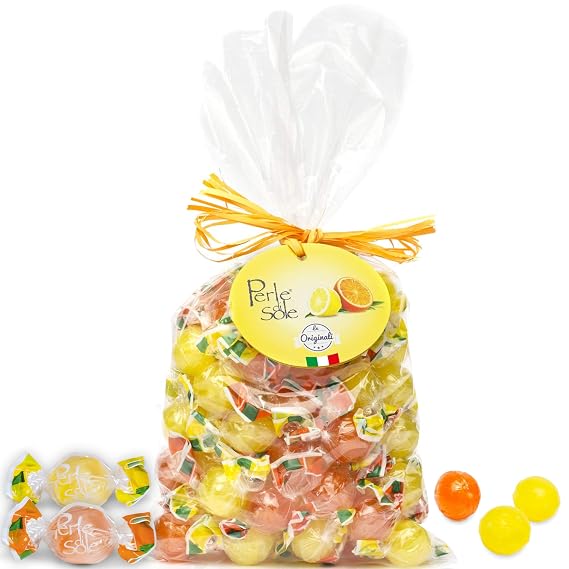 Perle di Sole Italian Hard Candy - Assorted Orange & Lemon Drops with Fizzy Filling (17.6 oz | 500 g) Italian Candy Individually Wrapped - Citrus Candy