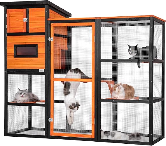 Petsfit Catio Outdoor Cat Enclosure, Cat Catio Outdoor with 4 Tries, 2 Resting Room, 4 Platforms and Waterproof Roof, Orange