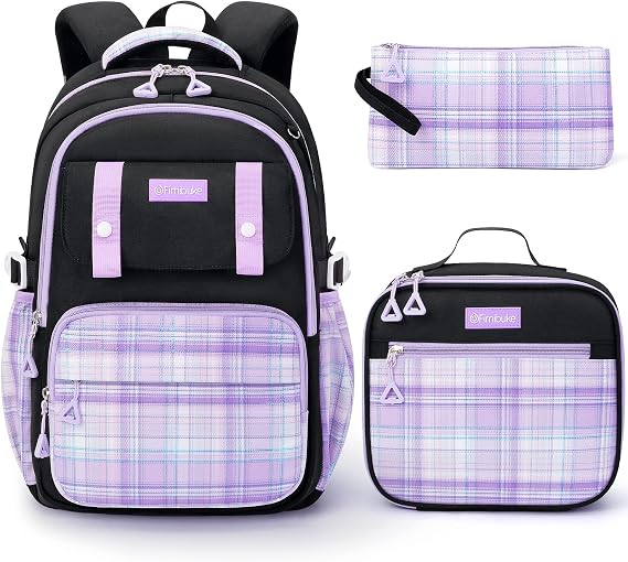 Fimibuke Kids Backpack for Girls, 3 PCS School Backpack with Lunch Box Set | Cute & Waterproof Black Purple Plaid Bookbag with Lunch box Combo for Teens Girls Elementary to High School Students Age 6+