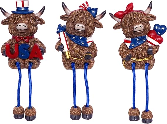 3pcs Patriotic Highland Cow Decor, Rustic Red Blue White Cow Figurines with USA,4th of July Cow Farmhouse Decor for Shelf Desk Mantel Living Room, 6.3 Inch
