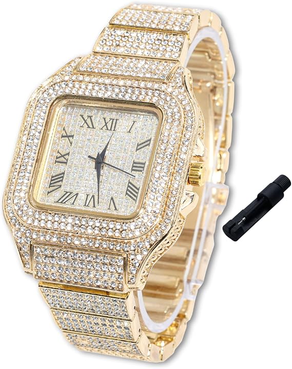 HALUKAKAH Diamonds Watch Iced Out for Boy Teens Kids - 18K Real Gold/Platinum Plated,40mm Square Dial,Japanese Quartz - 18.5cm Length - Optional with Tennis Chain,with Adjuster Tool - for Birthday