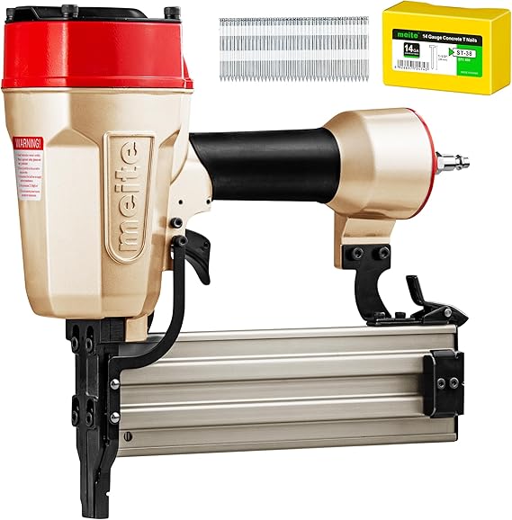 meite ST64L Concrete Nail Gun with 400PCS 14 GA 1-1/2 Inch T Nails, Extended Muzzle Pneumatic Concrete T-Nailer Gun for Wood-to-Concrete Projects, 100PCS Magazine, Accepts 3/4'' to 2-1/2''